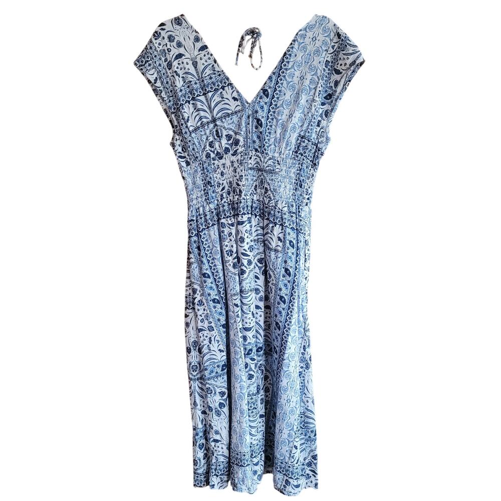 Old Navy Blue White Paisley Sleeveless Midi Dress Boho Med Pockets Deep V-Neck